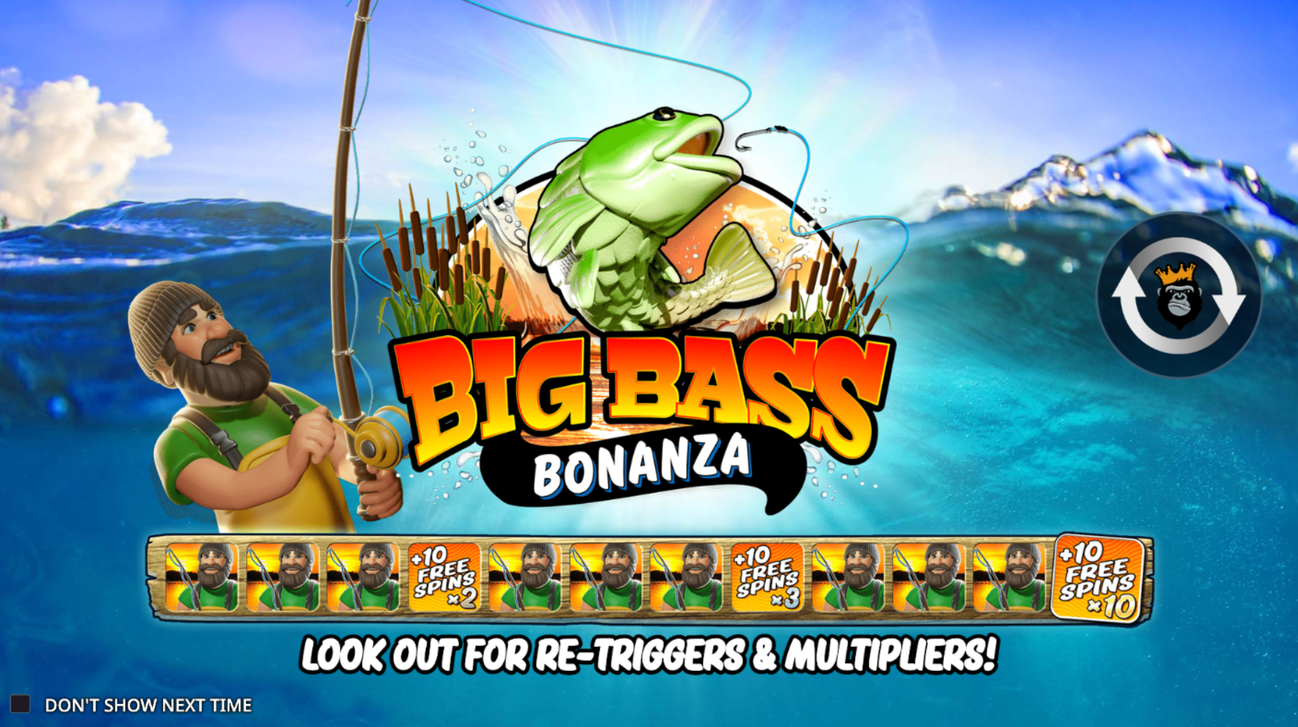 Big Bass Bonanza intro screen showing fisherman and retrigger multipliers